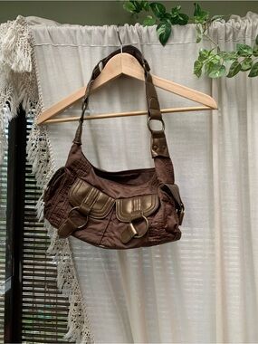 Brown Hobo Shoulder Bag with Buckle Details